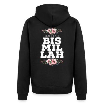 But First Bismillah Allah Proud Muslim - Unisex Premium Organic Zip Hoodie - black - Back - Nico (187cm)