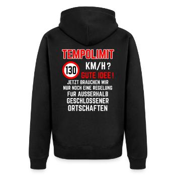 Tempolimit 130 km/h Autobahn Höchtgeschwindigkeit - Unisex Premium Bio Zip Hoodie - Schwarz - Hinten - Nico (187cm)