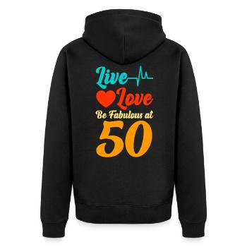 50e anniversaire - Veste à capuche bio Premium Unisexe - noir - Dos - Nico (187cm)