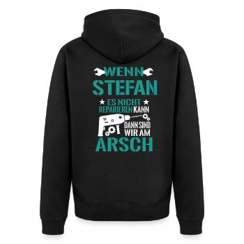 Stefan es nicht reparieren kann sind wir am Arsch - Unisex Premium Bio Zip Hoodie - Schwarz - Hinten - Nico (187cm)