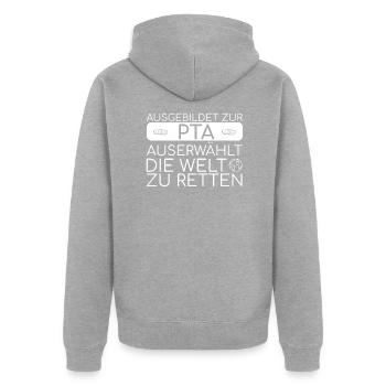 "PTA Welt Retten | Apotheke" - Unisex Premium Bio Zip Hoodie - Grau meliert - Hinten - Nico (187cm)