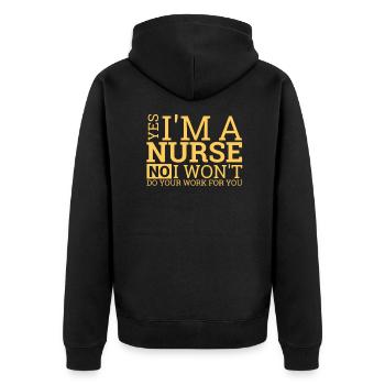"Nurse Work | Health system" - Unisex Premium Organic Zip Hoodie - black - Back - Nico (187cm)