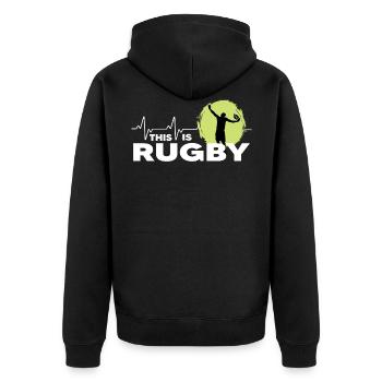 rugby rugbyspieler rugbysaison this is rugby - Unisex Premium Bio Zip Hoodie - Schwarz - Hinten - Nico (187cm)