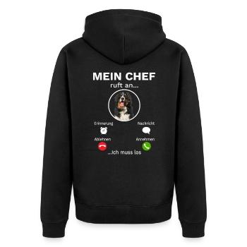 Mein Chef ruft an ich muss los Berner Sennen - Unisex Premium Bio Zip Hoodie - Schwarz - Hinten - Nico (187cm)