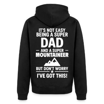 Herz + Bergsteigen – Super Dad Bergsteiger - Unisex Premium Bio Zip Hoodie - Schwarz - Hinten - Nico (187cm)