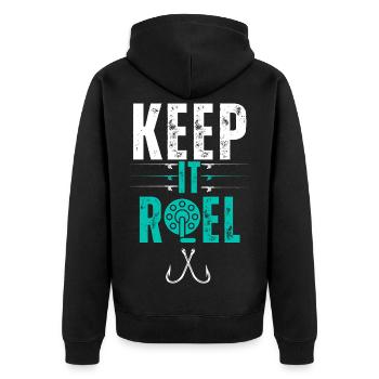 Lustiges Angeln Papa Angler Fischer Keep It Reel - Unisex Premium Bio Zip Hoodie - Schwarz - Hinten - Nico (187cm)
