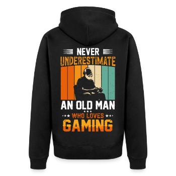 Never Underestimate an Old Man Who Games - Unisex Premium Bio Zip Hoodie - Schwarz - Hinten - Nico (187cm)