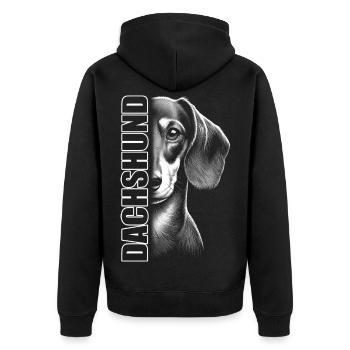 Dackel Porträt mit vertikalem Schriftzug DACHSHUND - Unisex Premium Bio Zip Hoodie - Schwarz - Hinten - Nico (187cm)