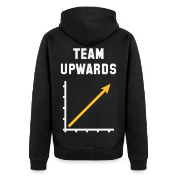 Team Aufwärts (Erfolg / Fortschritt / NEG Gold 2C) - Unisex Premium Bio Zip Hoodie - Schwarz - Hinten - Nico (187cm)