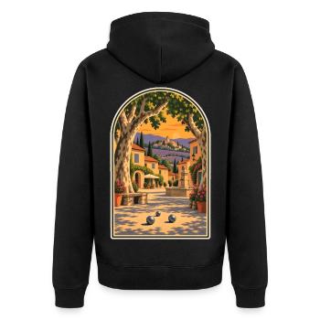Dorf Provence-Plakat mit Petanque-Kugeln - Unisex Premium Bio Zip Hoodie - Schwarz - Hinten - Nico (187cm)