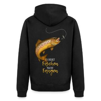 Fischen nicht Fangen lustiger Angel Spruch - Unisex Premium Bio Zip Hoodie - Schwarz - Hinten - Nico (187cm)