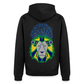 Löwenkopf mit Pfauenfedernkunst - Unisex Premium Bio Zip Hoodie - Schwarz - Hinten - Nico (187cm)