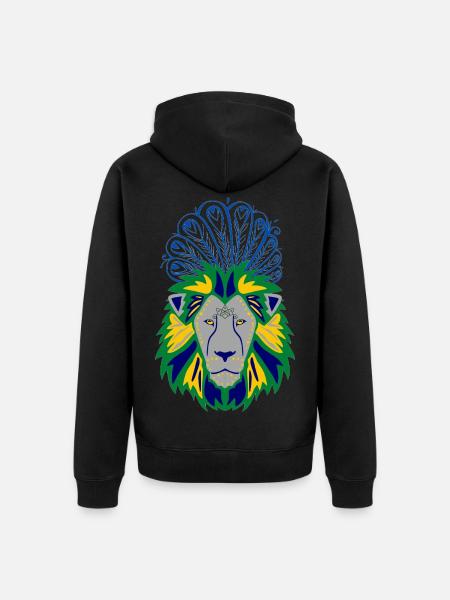 Löwenkopf mit Pfauenfedernkunst - Unisex Premium Bio Zip Hoodie - Schwarz