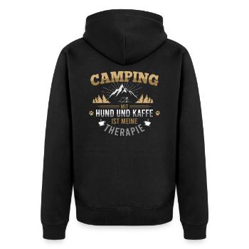 Camping mit Hund und Kaffe ist meine Therapie - Unisex Premium Bio Zip Hoodie - Schwarz - Hinten - Nico (187cm)