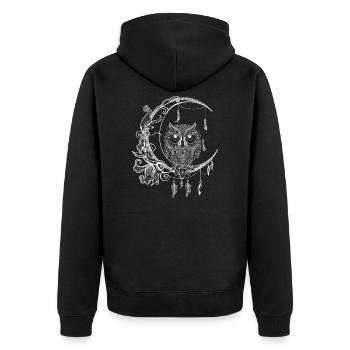 Crescent owl drawing with feathers and flowers - Unisex Premium Organic Zip Hoodie - black - Back - Nico (187cm)