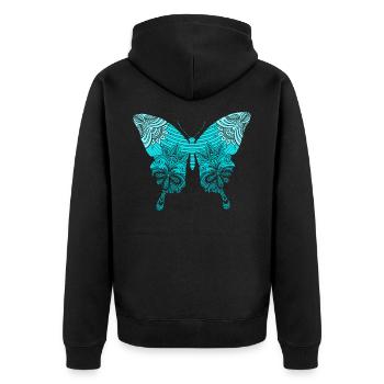 Blauer Mandala Schmetterling Butterfly - Unisex Premium Bio Zip Hoodie - Schwarz - Hinten - Nico (187cm)