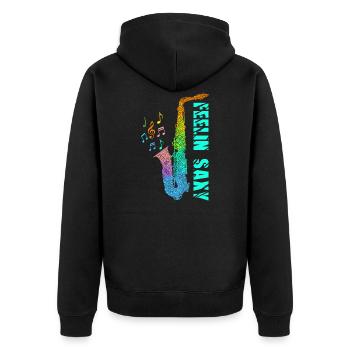 Feelin Saxy Saxophon - Unisex Premium Bio Zip Hoodie - Schwarz - Hinten - Nico (187cm)