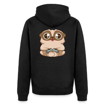 Süßer Gaming Mops Hund mit Gaming Controller - Unisex Premium Bio Zip Hoodie - Schwarz - Hinten - Nico (187cm)