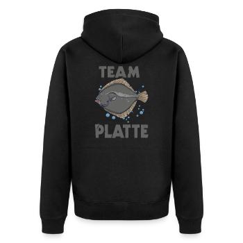 Team Platte Plattfisch Brandungsangln Scholle - Unisex Premium Bio Zip Hoodie - Schwarz - Hinten - Nico (187cm)