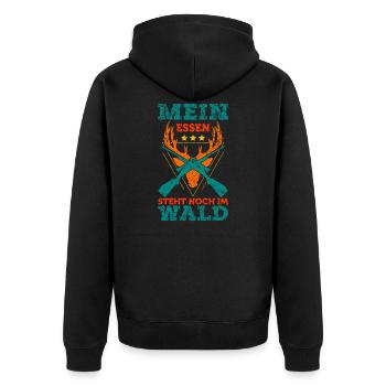 Jäger Jagd Spruch Mein Essen im Wald Rotwild - Unisex Premium Bio Zip Hoodie - Schwarz - Hinten - Nico (187cm)