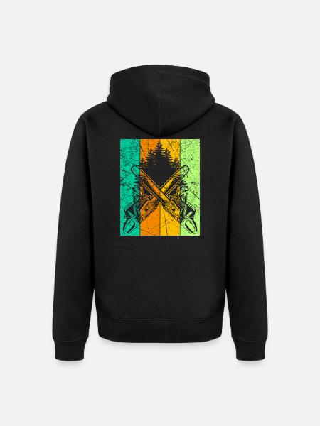 Lumberjack Retro -muotoilu moottorisahalla - Premium unisex luomu-huppari vetoketjulla - musta