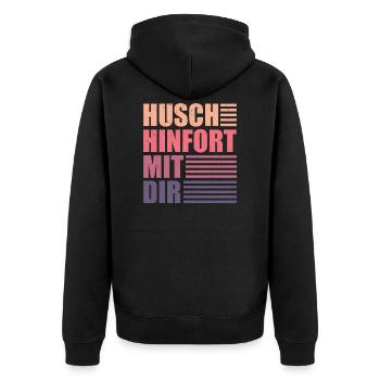 Husch hinfort mit dir! Unnötiger Sozialkontakt - Unisex Premium Bio Zip Hoodie - Schwarz - Hinten - Nico (187cm)
