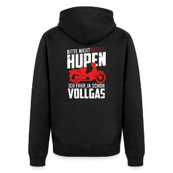 Bitte nicht hupen fahr schon Vollgas Moped Spruch - Unisex Premium Bio Zip Hoodie - Schwarz - Hinten - Nico (187cm)