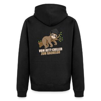 Bett-Chiller zum Bachelor 2021 Abschluss Spruch - Unisex Premium Bio Zip Hoodie - Schwarz - Hinten - Nico (187cm)