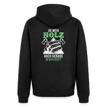 Förster und Holzfäller Spruch Holz denkt an mich - Unisex Premium Bio Zip Hoodie - Schwarz - Hinten - Nico (187cm)