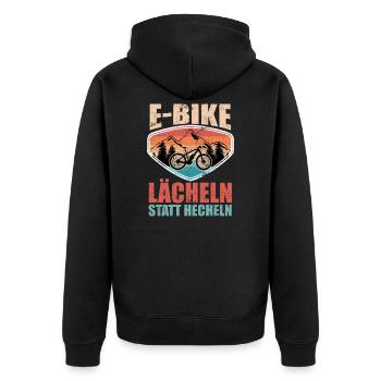 E-Bike Lächeln statt hecheln Camping Mountainbike - Unisex Premium Bio Zip Hoodie - Schwarz - Hinten - Nico (187cm)