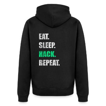 Eat Sleep Hack Repeat Hacker Hacken - Unisex Premium Bio Zip Hoodie - Schwarz - Hinten - Nico (187cm)