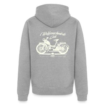 Simson SR2 - DDR Ostalgie Kultmoped - Unisex Premium Bio Zip Hoodie - Grau meliert - Hinten - Nico (187cm)