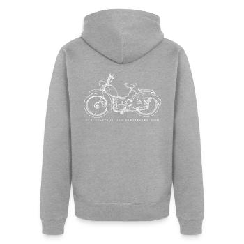 SIMSON - SR2 - DDR - VEB - Suhl - Unisex Premium Bio Zip Hoodie - Grau meliert - Hinten - Nico (187cm)