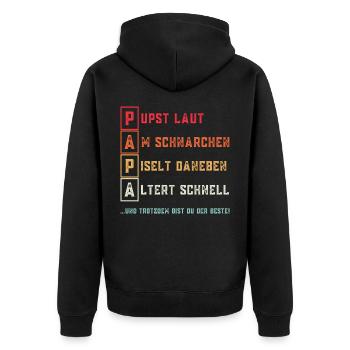 PAPA Lustiger Spruch zum Vatertag für Väter Papas - Unisex Premium Bio Zip Hoodie - Schwarz - Hinten - Nico (187cm)