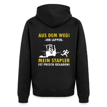Aus dem Weg Gabelstaplerfahrer Fachlagerist - Unisex Premium Bio Zip Hoodie - Schwarz - Hinten - Nico (187cm)