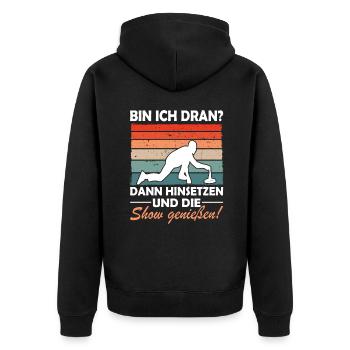 Eisstock Stocksport Eisstockschießen - Unisex Premium Bio Zip Hoodie - Schwarz - Hinten - Nico (187cm)