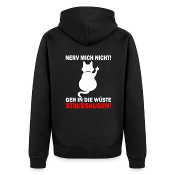 Nerv mich nicht - Mittelfinger Katze - Unisex Premium Bio Zip Hoodie - Schwarz - Hinten - Nico (187cm)