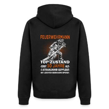 Feuerwehrmann Top Zustand - 50 Jahre - Feuerwehr - Unisex Premium Bio Zip Hoodie - Schwarz - Hinten - Nico (187cm)