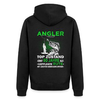 Sei kein Dummi - 60. Geburtstag Angler - Angeln - Unisex Premium Bio Zip Hoodie - Schwarz - Hinten - Nico (187cm)