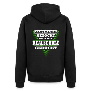 Gezockt und Realschule gerockt - Schulabschluss - Unisex Premium Bio Zip Hoodie - Schwarz - Hinten - Nico (187cm)
