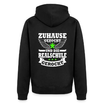 Gezockt und Realschule gerockt - Schulabschluss - Unisex Premium Bio Zip Hoodie - Schwarz - Hinten - Nico (187cm)