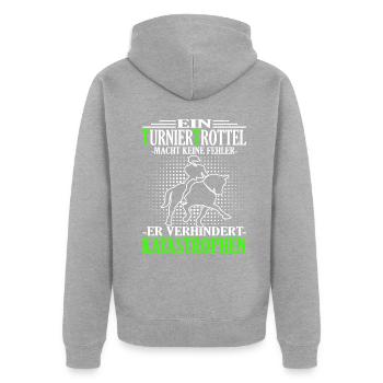 Turniertrottel - Reitturnier - Turnierreiter - Unisex Premium Bio Zip Hoodie - Grau meliert - Hinten - Nico (187cm)