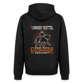 Turniertrottel - Turnierreiter - Pferd & Reiterin - Unisex Premium Bio Zip Hoodie - Schwarz - Hinten - Nico (187cm)