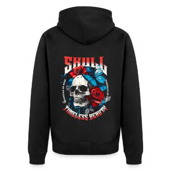 Totenkopf Totenschädel Schmetterling Rose Blume - Unisex Premium Bio Zip Hoodie - Schwarz - Hinten - Nico (187cm)