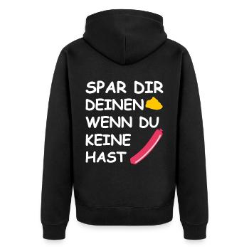 Spar dir deinen Senf - Unisex Premium Bio Zip Hoodie - Schwarz - Hinten - Nico (187cm)
