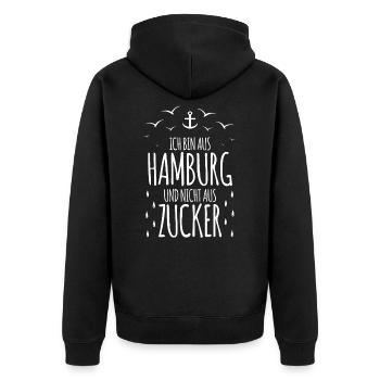 Ich bin aus Hamburg und nicht aus Zucker Wetter - Unisex Premium Bio Zip Hoodie - Schwarz - Hinten - Nico (187cm)