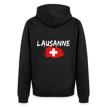 Lausanne Schweiz Flagge - Unisex Premium Bio Zip Hoodie - Schwarz - Hinten - Nico (187cm)