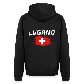 Lugano Schweiz Flagge - Unisex Premium Bio Zip Hoodie - Schwarz - Hinten - Nico (187cm)