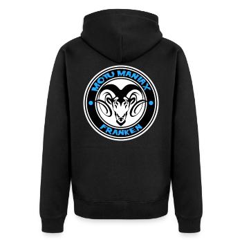 MOTU Maniax Franken Logo BLAU - Unisex Premium Bio Zip Hoodie - Schwarz - Hinten - Nico (187cm)