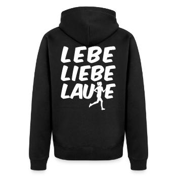 Lebe Liebe Laufe - Unisex Premium Bio Zip Hoodie - Schwarz - Hinten - Nico (187cm)